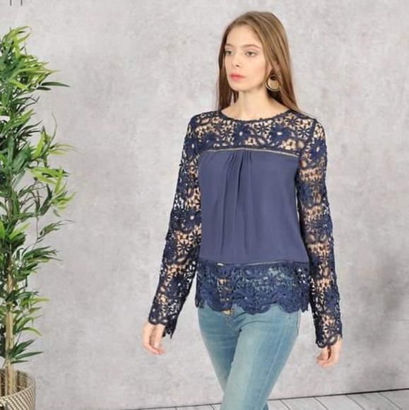 Tops - Navy Lace Sleeve Blouse